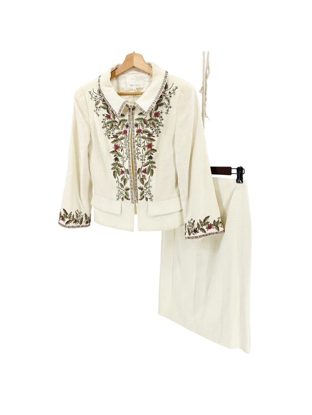 Vintage 90s Escada Ivory Cream Beaded Embroidery Skirt Suit